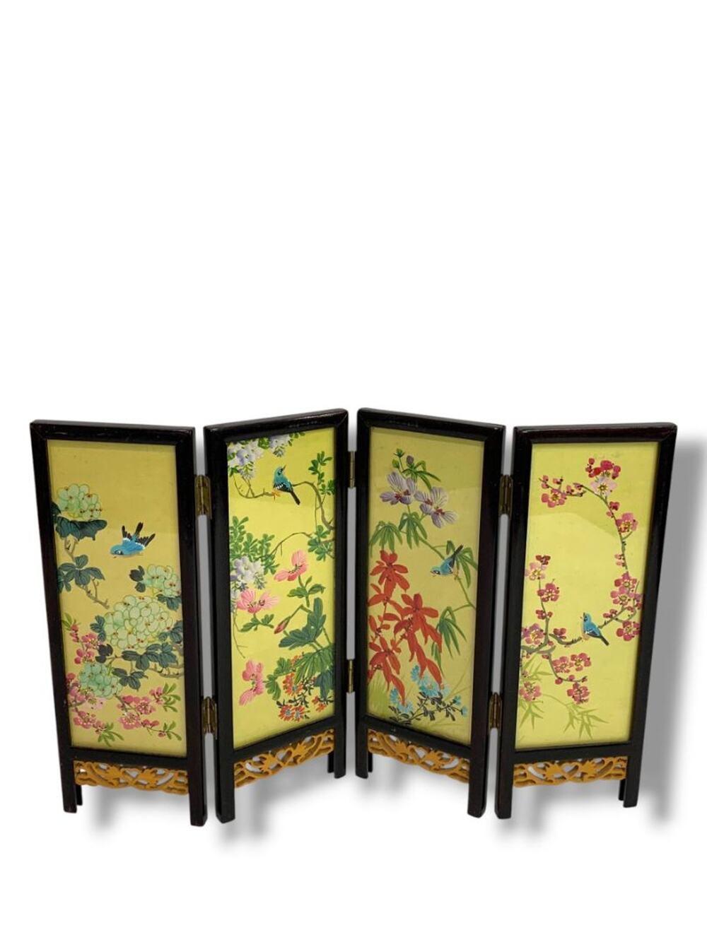 Tabletop Asian Folding Screen Double Sided Wooden 8.5" x 12.5" 4 Panel